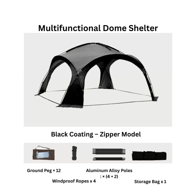 Stoic 2.3m Dome Shelter with Black-Coated Zipper Model - Black