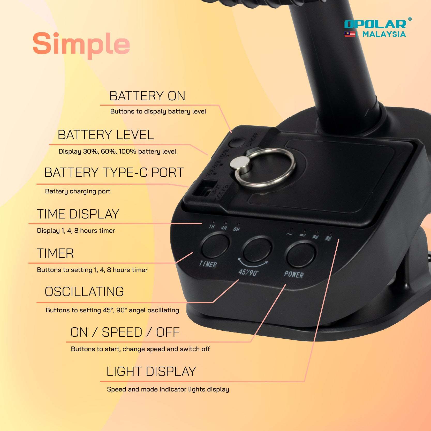 OPOLAR Oscillating Clip Fan With Hanging Hook & Timer | 10000mAh 8 inches