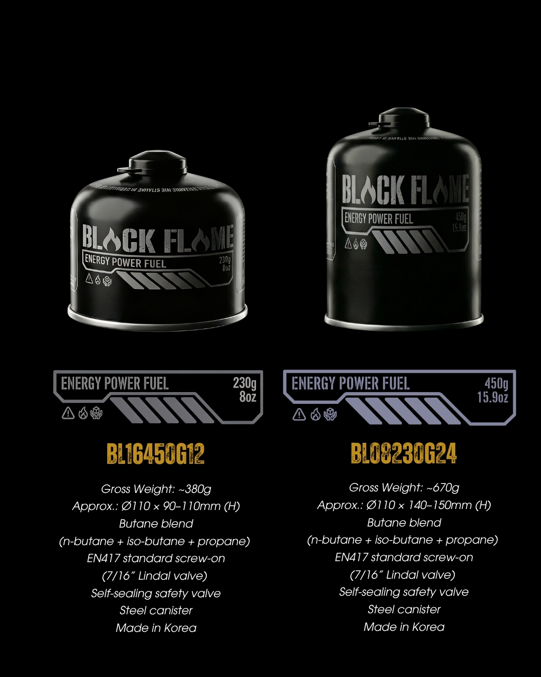 Black Flame Butane Gas Cartridge 230g | screw-type