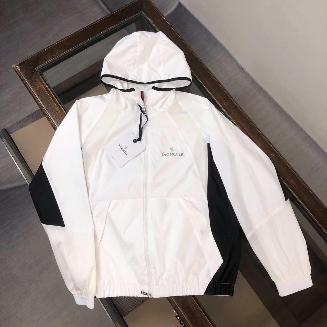 モンクレール「Moncler」2024早春 ブラック＆ホワイトカラーブロック トレンチコート風フードジャケット