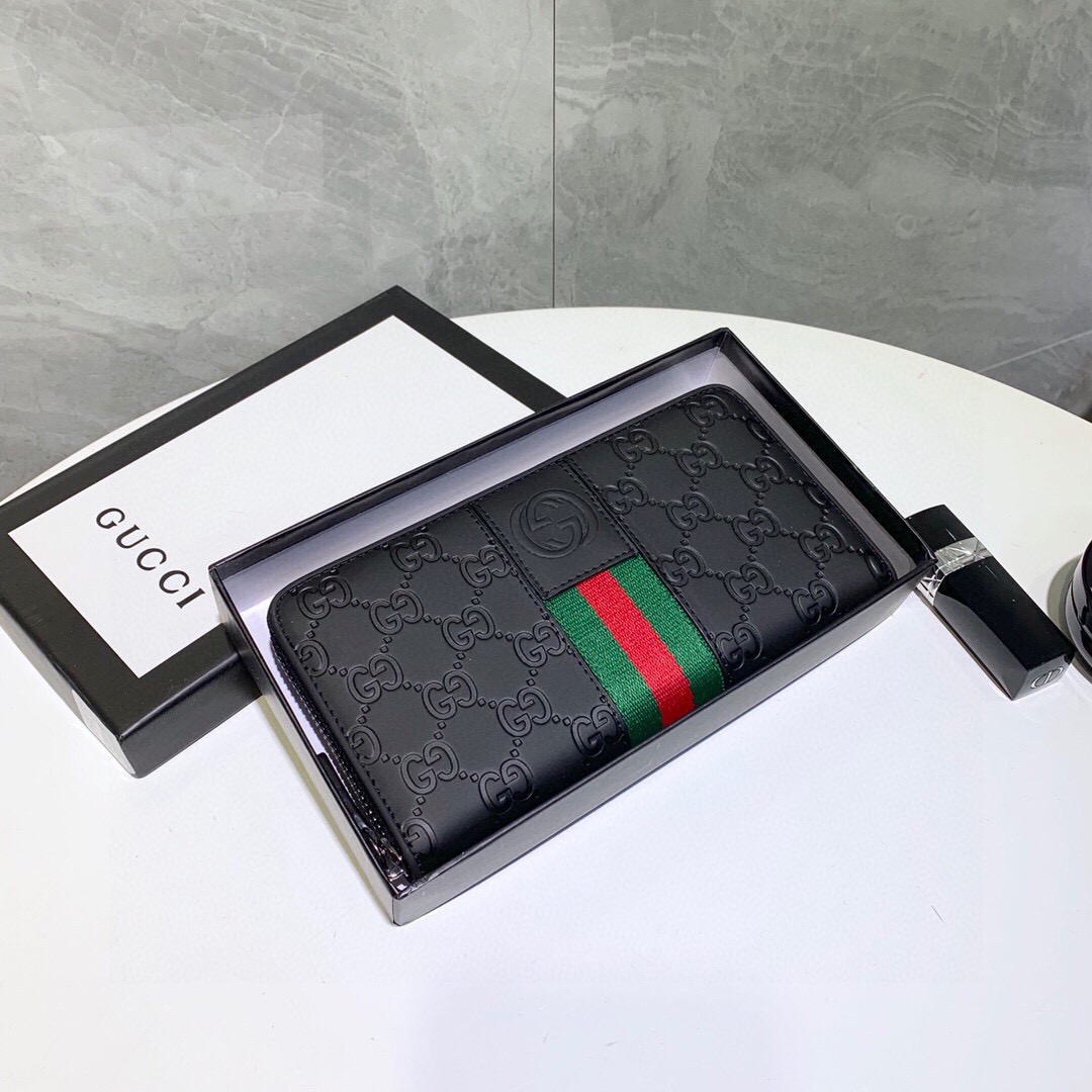 グッチ「Gucci」シグネチャー レザー ウェブ ジップアラウンドウォレット