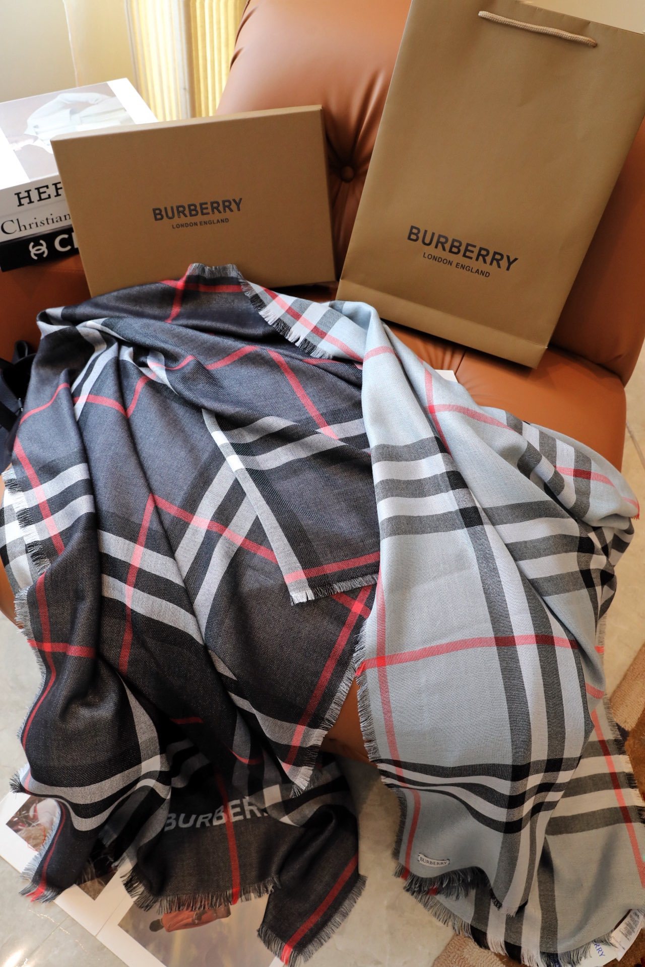 バーバリー「Burberry」ダブルフェイス キャシュミア チェック マフラー (70×220cm)