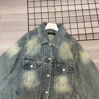 バレンシアガ「Balenciaga」blcg水洗いして古い背中のドリルを作るスローガンデニムジャケット