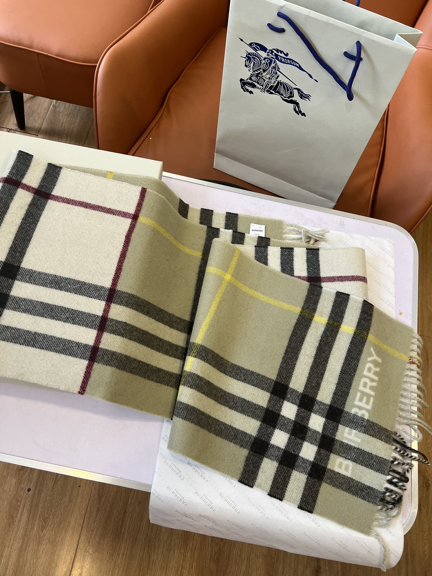 バーバリー「Burberry」コントラスト チェック マフラー (ベージュ×オリーブ)30*168CM