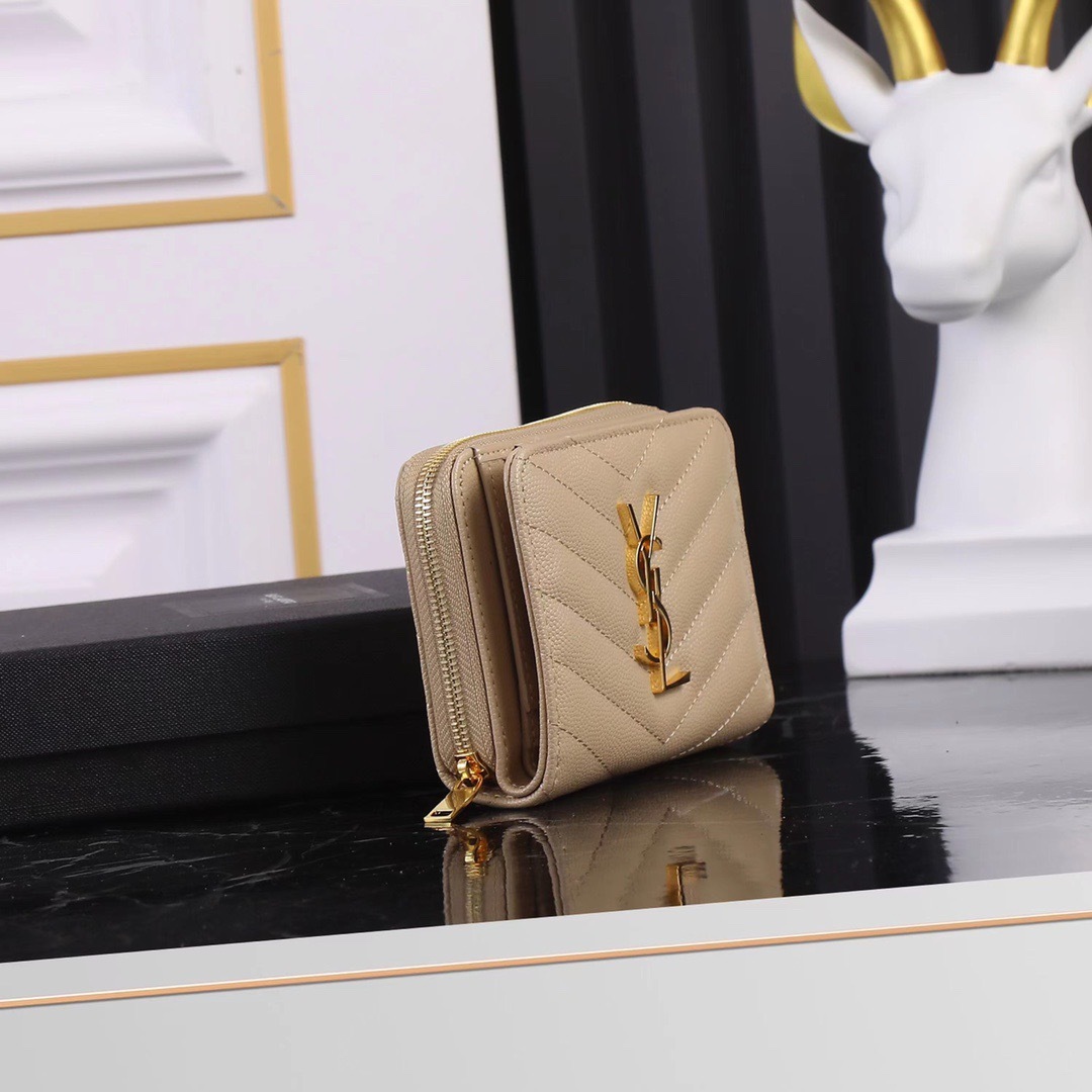 サンローラン「Saint Laurent」モノグラム コンパクト ジップアラウンド ウォレット（グレイン ド プードル エンボスレザー）「6色」