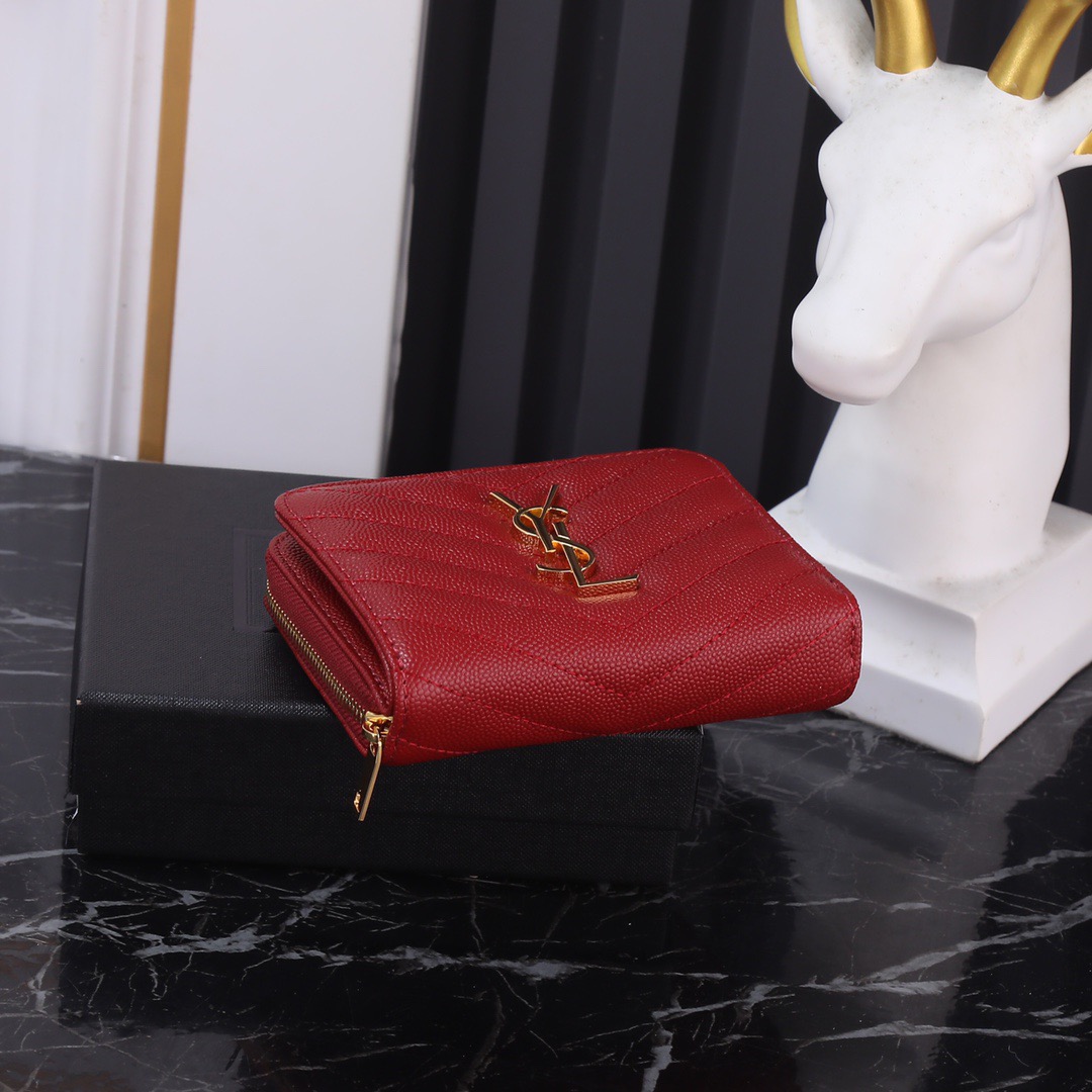 サンローラン「Saint Laurent」モノグラム コンパクト ジップアラウンド ウォレット（グレイン ド プードル エンボスレザー）