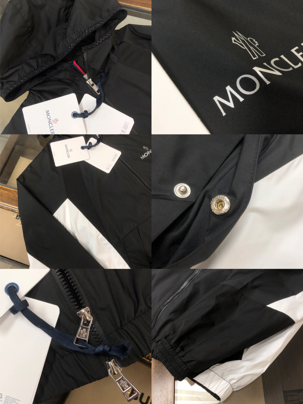 モンクレール「Moncler」2024早春 ブラック＆ホワイトカラーブロック トレンチコート風フードジャケット
