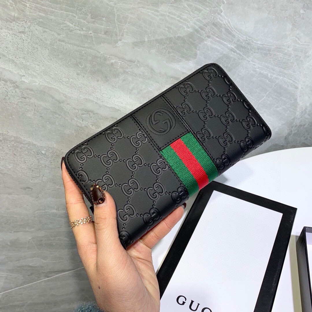 グッチ「Gucci」シグネチャー レザー ウェブ ジップアラウンドウォレット