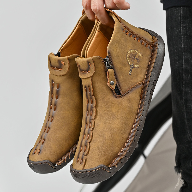 Zipper Plush Ankle Leather Orthopedic Shoes For Men Nonslip Boots