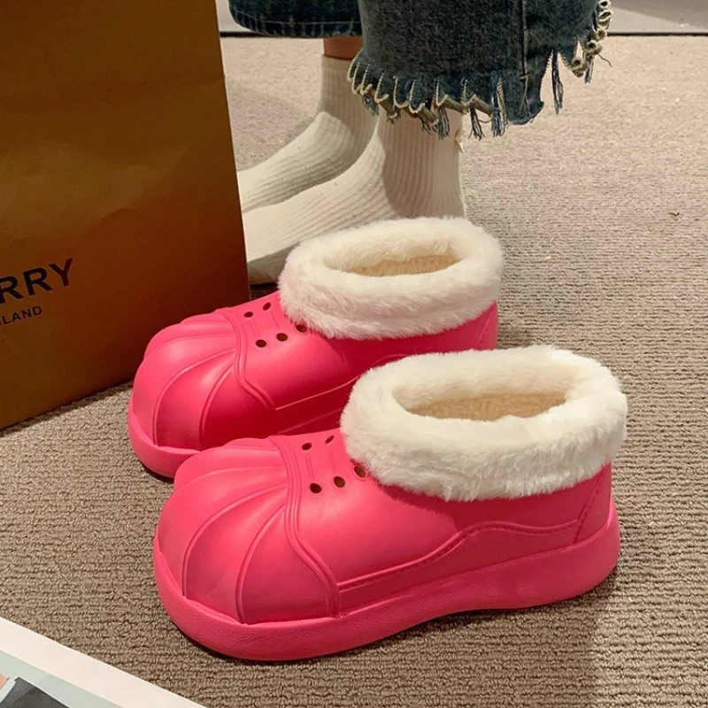 Women Ankle Snow Boots Clogs Slip-on Women Fleece Platform Rainboots Non-Slip EVA Boots Height Increasing Cute Shell Toe Booties