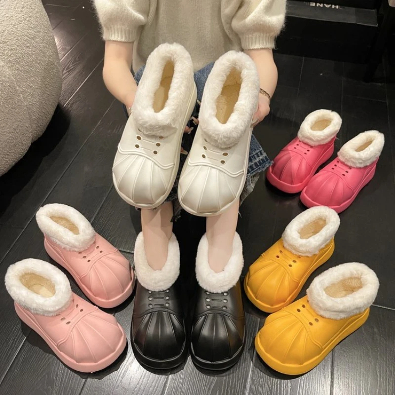 Women Ankle Snow Boots Clogs Slip-on Women Fleece Platform Rainboots Non-Slip EVA Boots Height Increasing Cute Shell Toe Booties