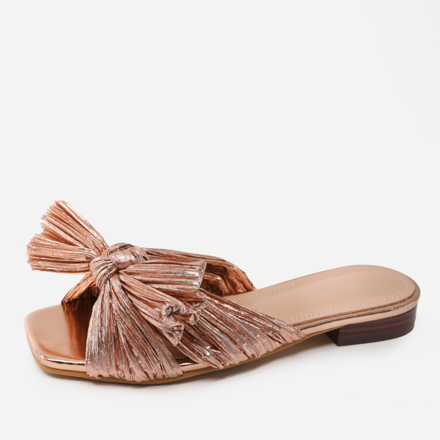 Pleated Bow Open Toe Comfort Slip On Slide Flat Sandals