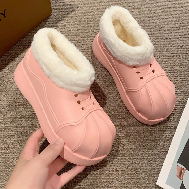 Women Ankle Snow Boots Clogs Slip-on Women Fleece Platform Rainboots Non-Slip EVA Boots Height Increasing Cute Shell Toe Booties