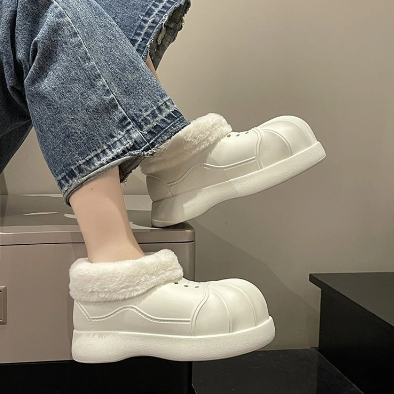 Women Ankle Snow Boots Clogs Slip-on Women Fleece Platform Rainboots Non-Slip EVA Boots Height Increasing Cute Shell Toe Booties