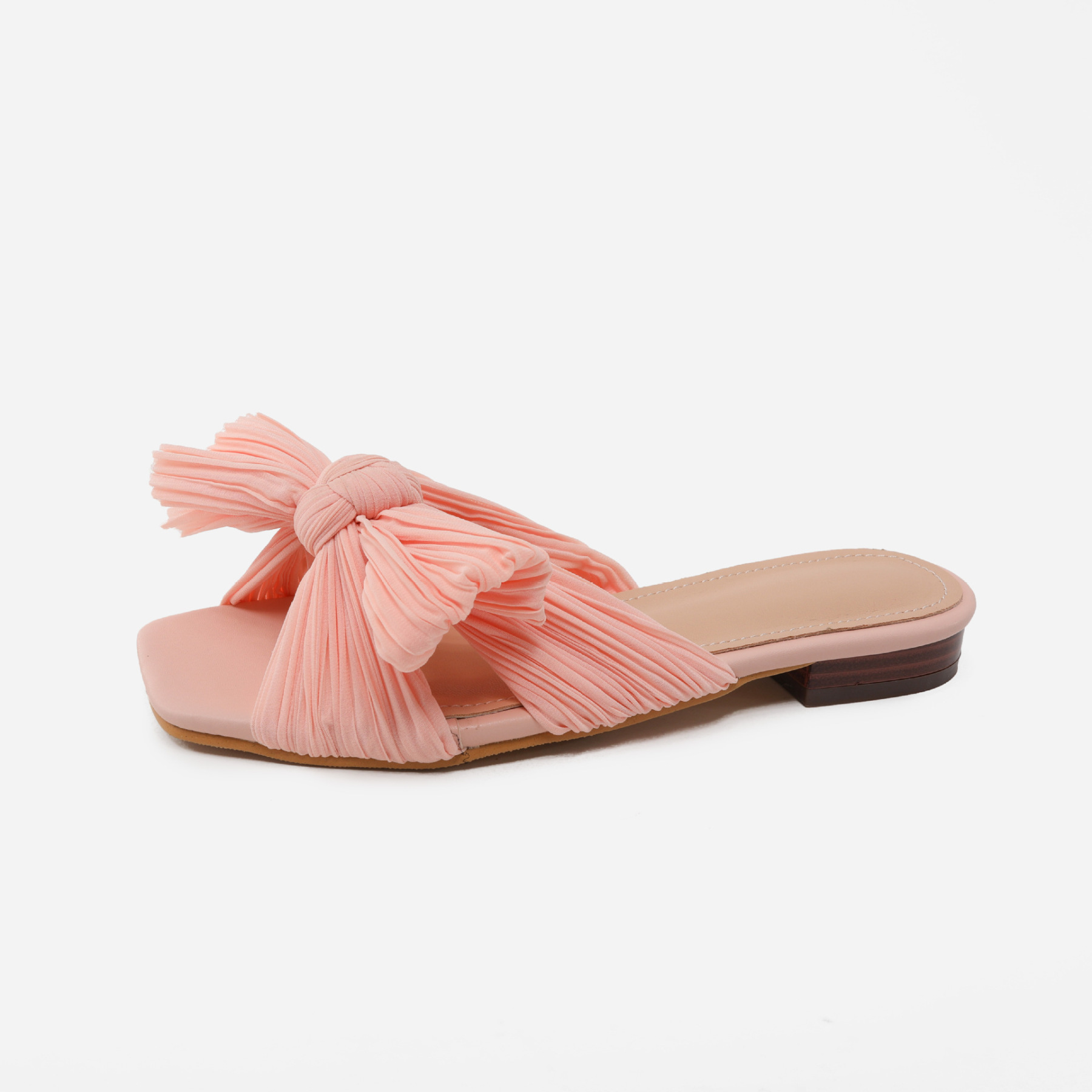 Pleated Bow Open Toe Comfort Slip On Slide Flat Sandals
