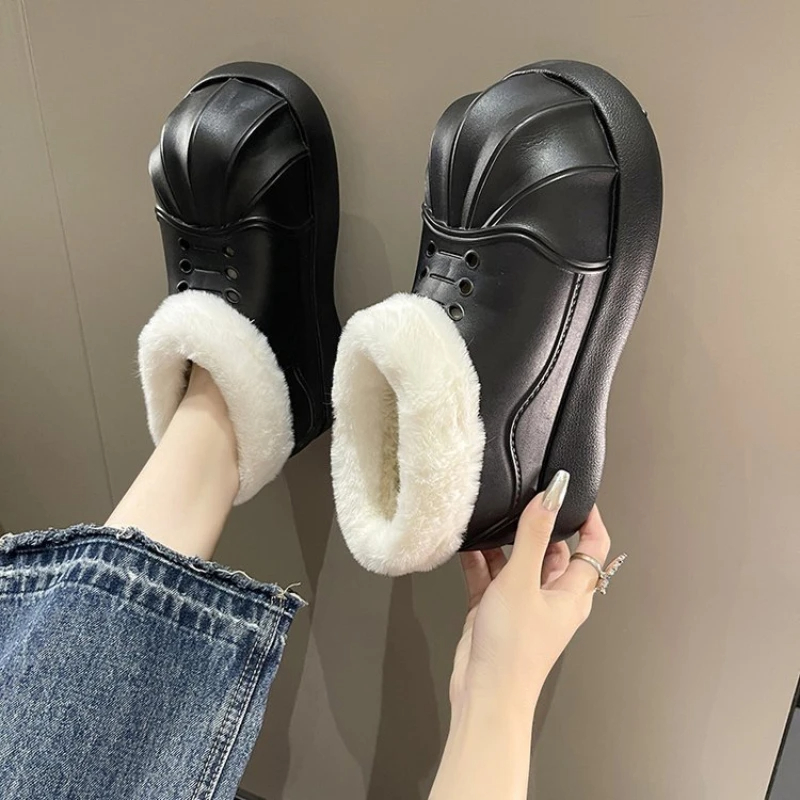 Women Ankle Snow Boots Clogs Slip-on Women Fleece Platform Rainboots Non-Slip EVA Boots Height Increasing Cute Shell Toe Booties