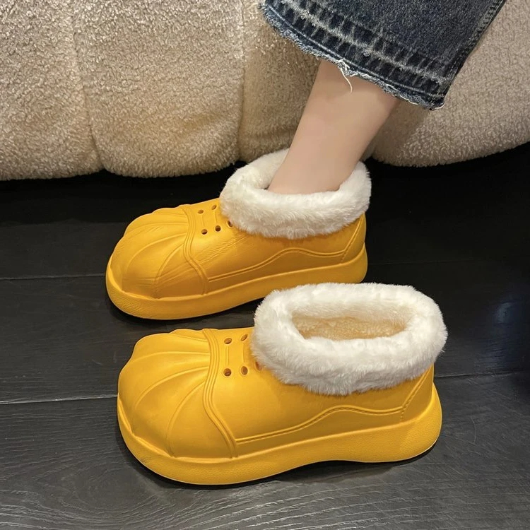 Women Ankle Snow Boots Clogs Slip-on Women Fleece Platform Rainboots Non-Slip EVA Boots Height Increasing Cute Shell Toe Booties