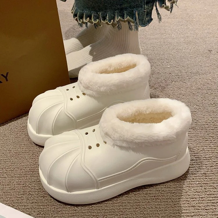 Women Ankle Snow Boots Clogs Slip-on Women Fleece Platform Rainboots Non-Slip EVA Boots Height Increasing Cute Shell Toe Booties