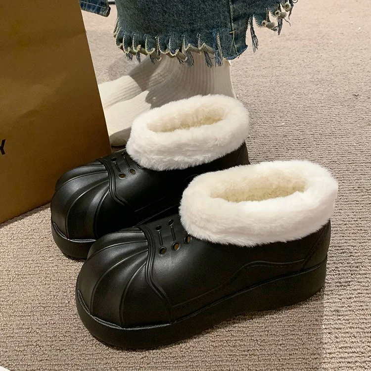 Women Ankle Snow Boots Clogs Slip-on Women Fleece Platform Rainboots Non-Slip EVA Boots Height Increasing Cute Shell Toe Booties