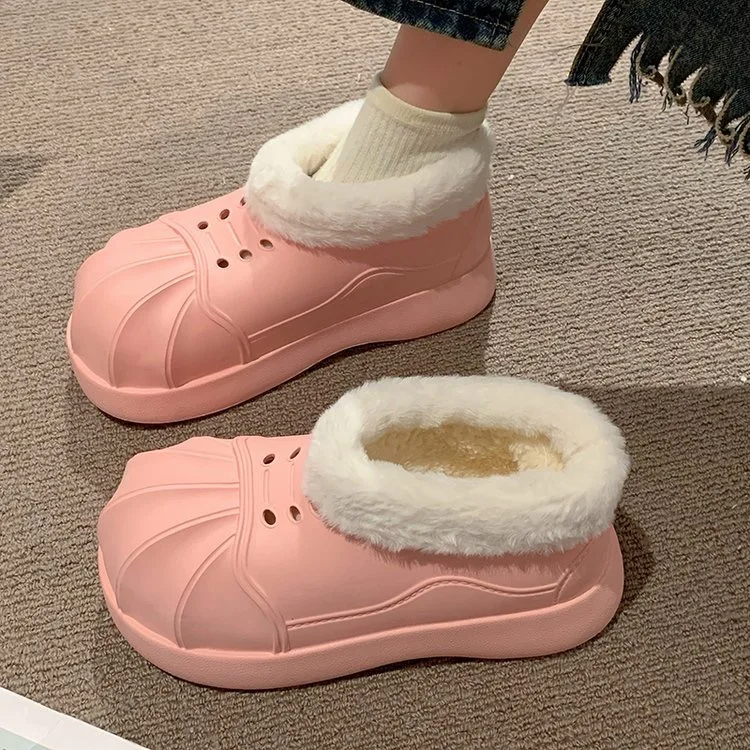 Women Ankle Snow Boots Clogs Slip-on Women Fleece Platform Rainboots Non-Slip EVA Boots Height Increasing Cute Shell Toe Booties
