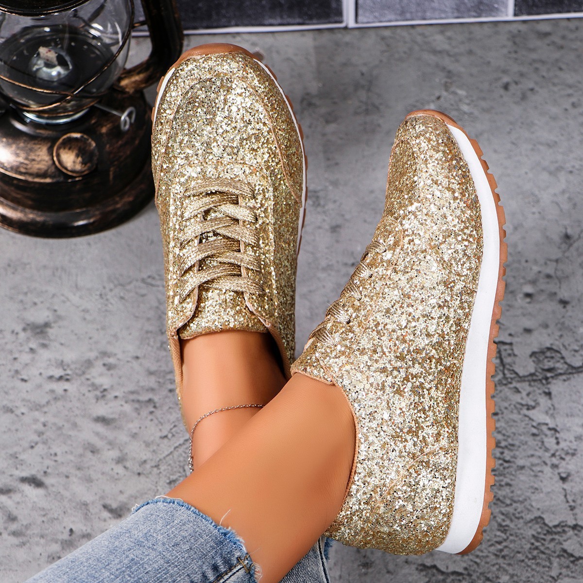 Glitter Sequin Lace-Up Sneakers | Stylish Comfort for Everyday Wear