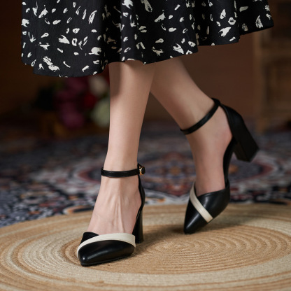 Women Mary Jane Pumps Pointed Toe Ankle Strap Buckle Chunky Block Heels