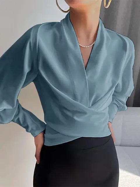 V-neck Women's Bblouses with Puff Sleeves