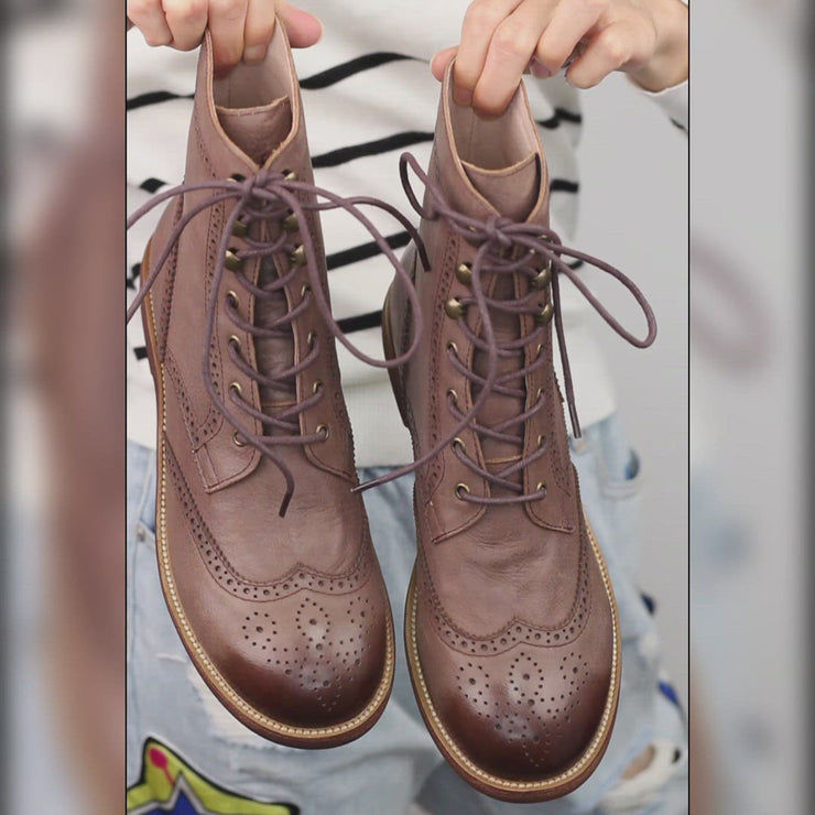 Handmade Wingtip Shoes Leather Martin Boots Block Carving Brogue Ankle Boot For Women