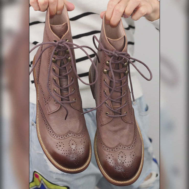Handmade Wingtip Shoes Leather Martin Boots Block Carving Brogue Ankle Boot For Women
