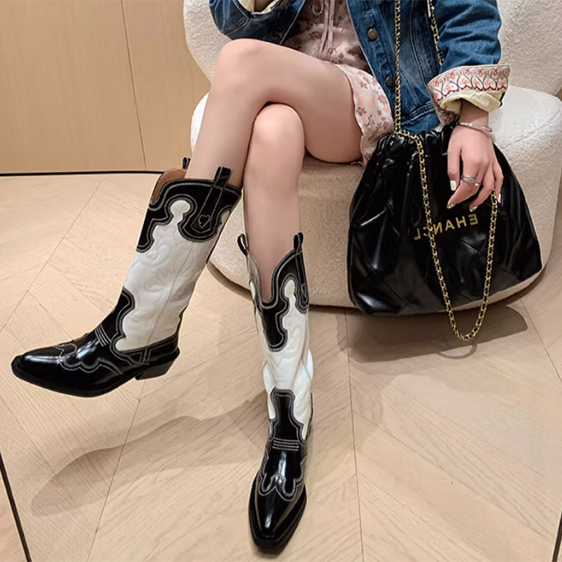Womens Contrasting Embroidery Western Boots Mid Calf Leather Cowboy Boots in Blue/Brown/Black