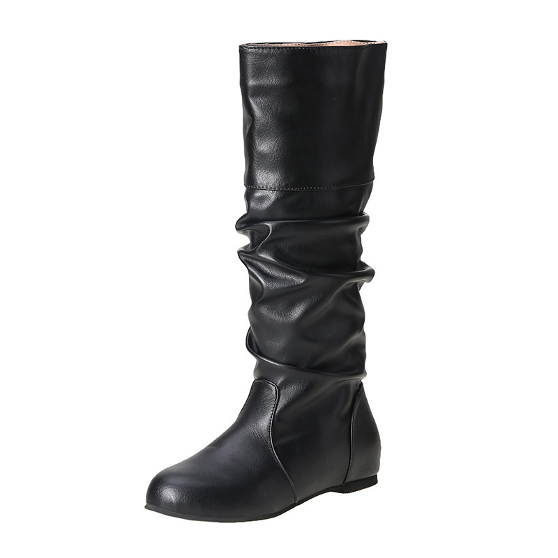 Fashion Slouch Leather Mid-Calf Flat Boots