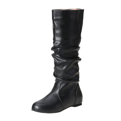 Fashion Slouch Leather Mid-Calf Flat Boots