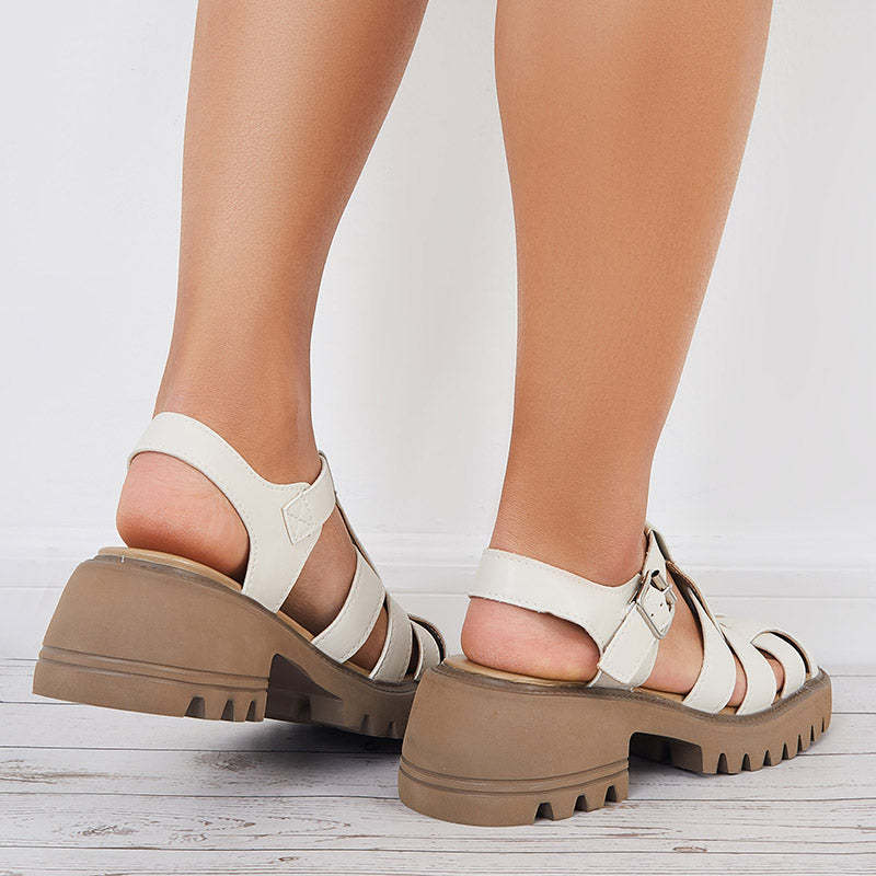 Closed Toe Slingback Mary Jane Shoes Chunky Heel T-Strap Sandals