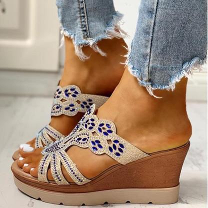 Rhinestone Platform Wedges Backless Slip-on Sandals