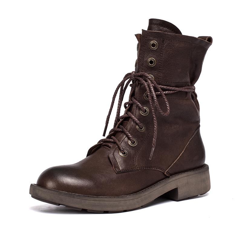 Women's Handmade Sheepskin Combat Boots Designer Retro Chunky Riding Boots