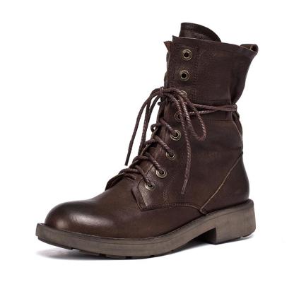 Women's Handmade Sheepskin Combat Boots Designer Retro Chunky Riding Boots