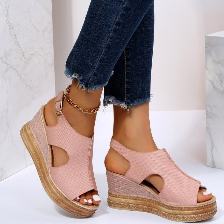 Buckle Detail Slingback Wedge Sandals