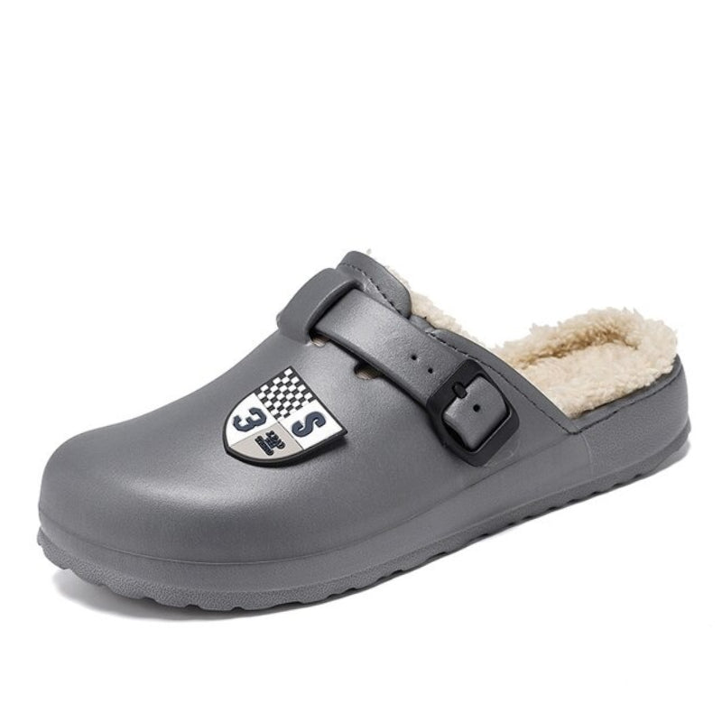 Men Fluffy Plush Slippers PU Winter Mule Clogs