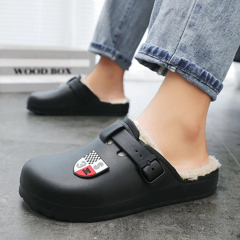 Men Fluffy Plush Slippers PU Winter Mule Clogs