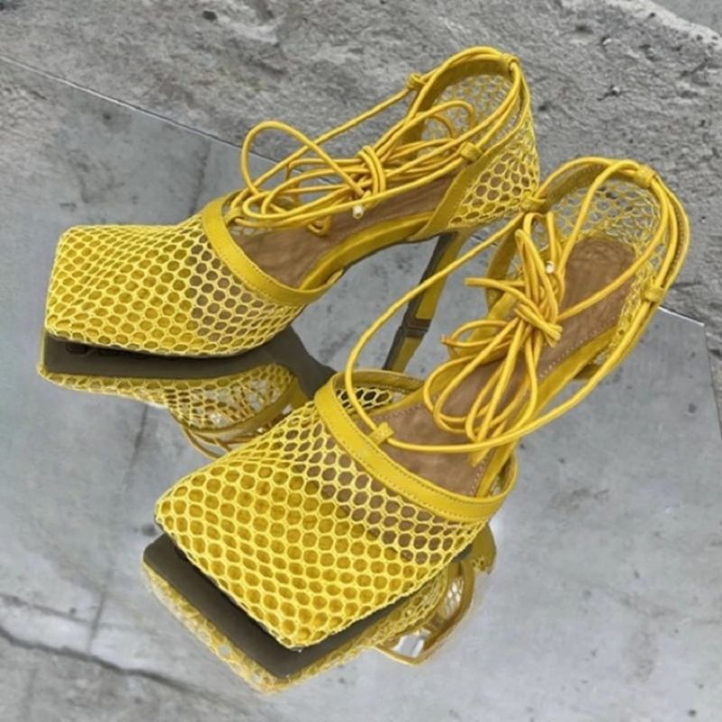 Square Toe Mesh High Heels Cross-tied Up Lace Sandals