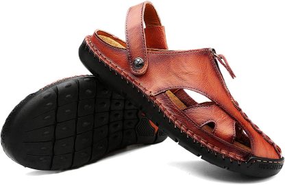 Men's Fisherman Beach Sandals Casual Closed Toe Leather Handmade Sandals Adjustable for Walking Outdoors