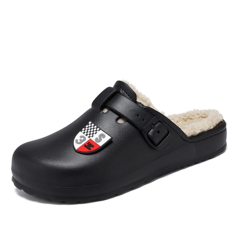 Men Fluffy Plush Slippers PU Winter Mule Clogs