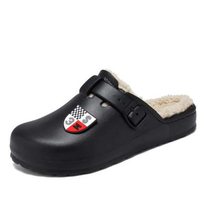 Men Fluffy Plush Slippers PU Winter Mule Clogs