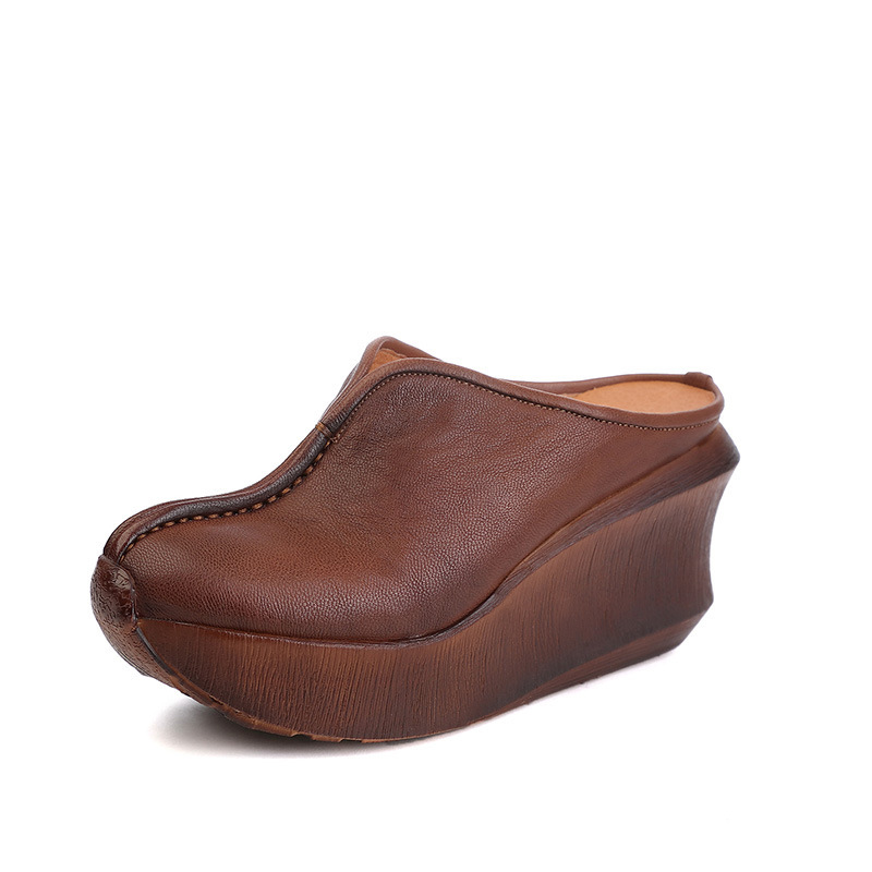 Women Handmade Retro Leather Platforms Wedges Slippers Red/Coffee