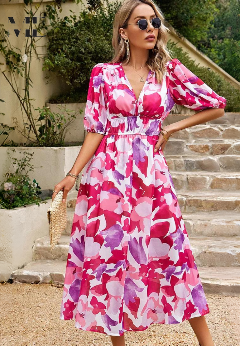 Elegant Floral Midi Dress with Puff Sleeves