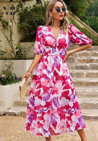 Elegant Floral Midi Dress with Puff Sleeves