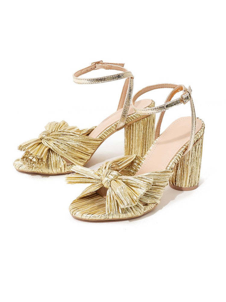 Women's Chunky Heel Pleated Bow Sandals
