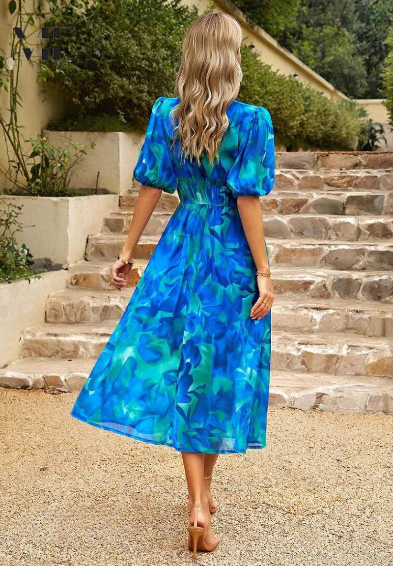 Elegant Floral Midi Dress with Puff Sleeves