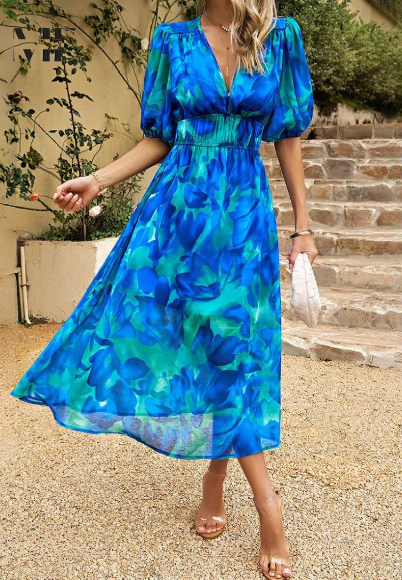 Elegant Floral Midi Dress with Puff Sleeves