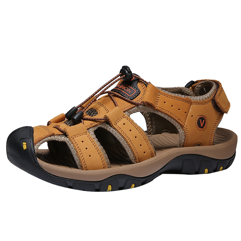 Men Summer Beach Leather Sandals Closed Toe Hollow out Breathable Shoes